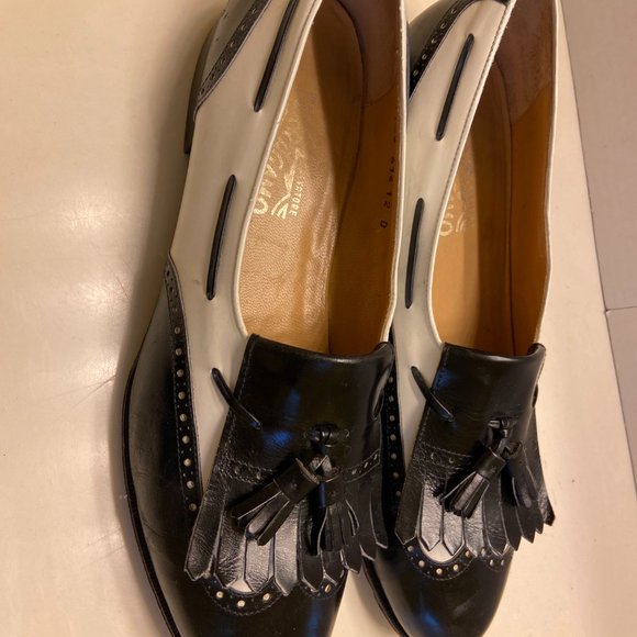 Salvatore Ferragamo Mens Black White Leather Spectator Loafer Shoes Size 12 D - Picture 2 of 6